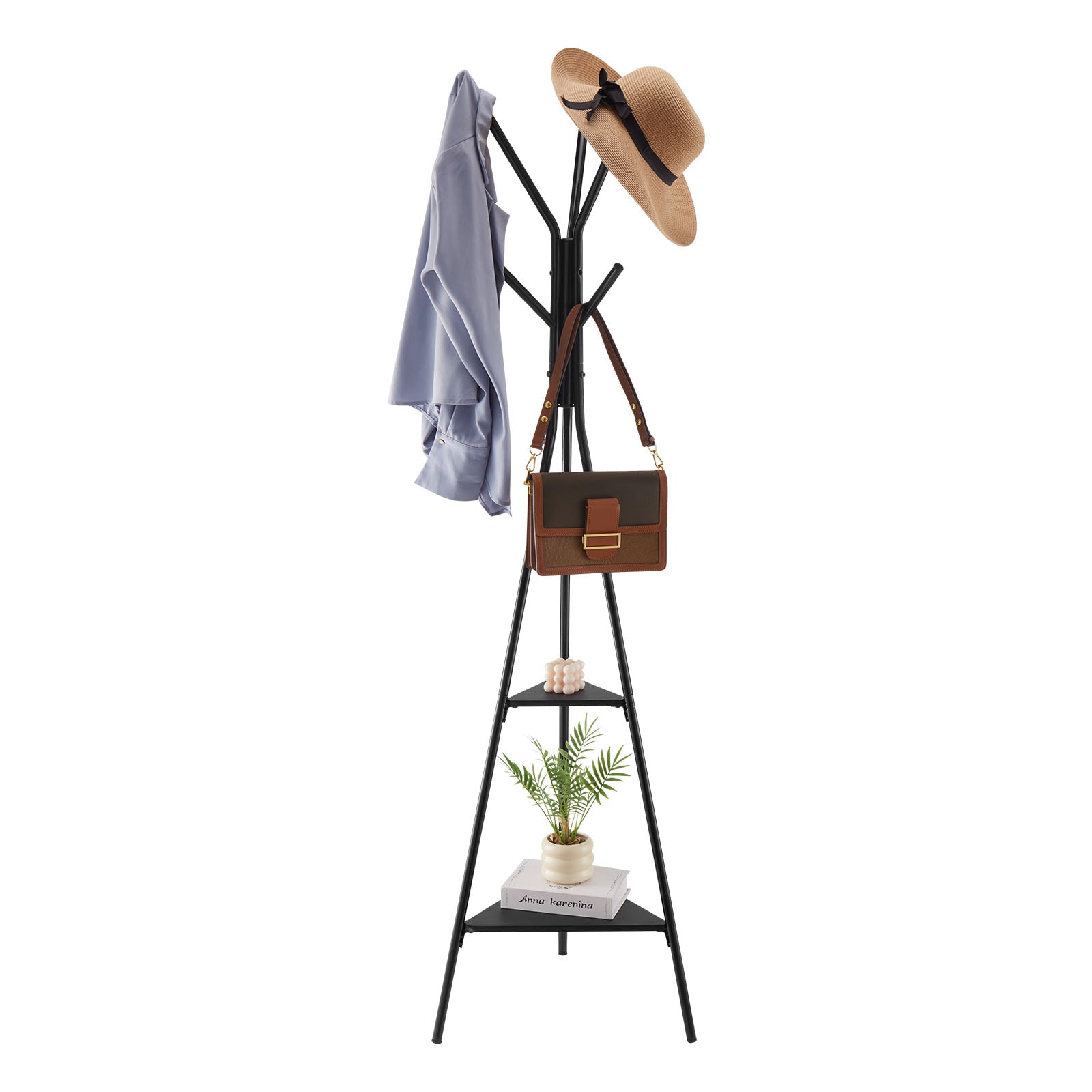 Coat Rack Freestanding Coats Rack Stand With 2 Shelves & 6 Hooks_voghion.com